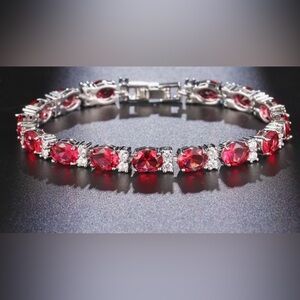 NWOT Elegant Women’s Synthetic Cubic Zirconia Red Color Bracelet SilverTone 7.6”